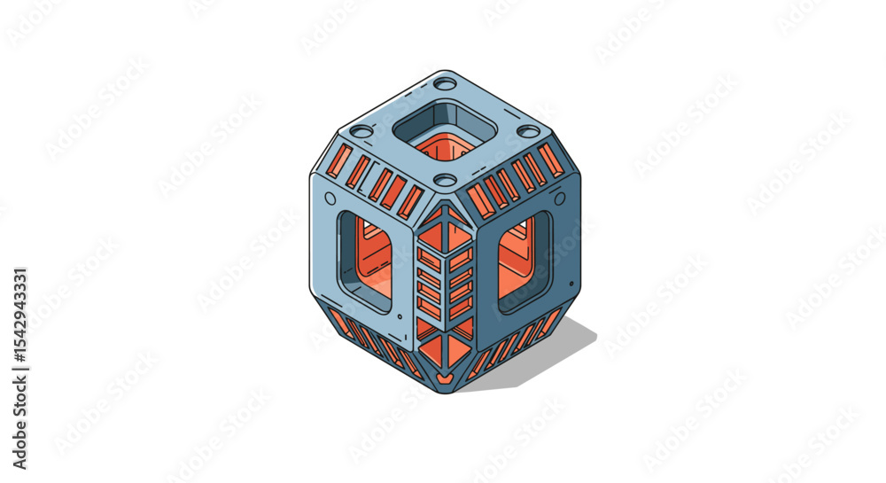 Geometric metal cube with hexagonal cutouts and red accents for design and technology inspiration vector illustration