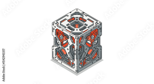 Futuristic geometric cube with intricate mechanical design for sci-fi concept art vector illustration