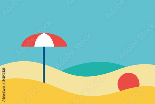 Summer Beach Scene Red and White Umbrella on Sandy Shore