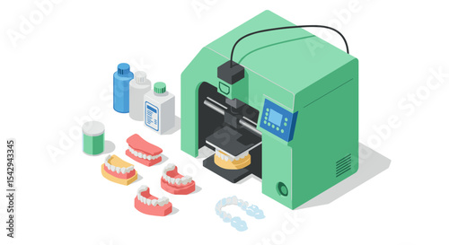 Isometric 3d printing of dental appliances with printer and dental molds for orthodontics vector illustration