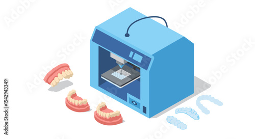 Dental technology innovation featuring 3d printer and orthodontic models for modern dentistry vector illustration