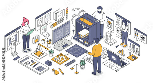 Collaborative 3d design workspace with team using computers and printers for innovation vector illustration