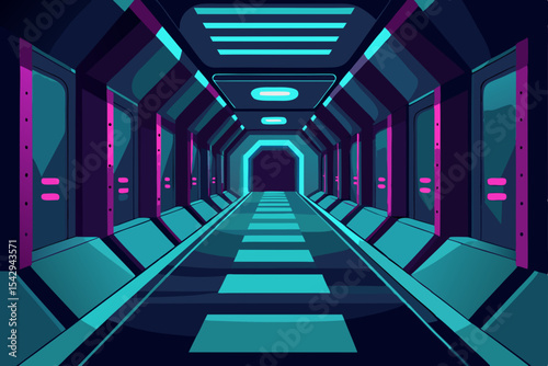 Futuristic Spaceship Corridor Neon Lights and Sci-Fi Design