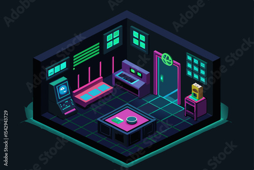 Cyberpunk Room Isometric Illustration Neon Lights, Futuristic Interior Design