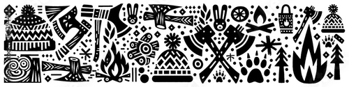 Hand‑Drawn Bonfire and Wooden Axe Illustration, Tribal Wilderness Folk Art Pattern Vector for Outdoor and Survival Adventure Themes Design