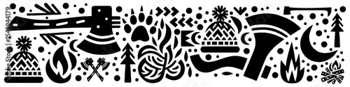 Hand‑Drawn Bonfire and Wooden Axe Illustration, Tribal Wilderness Folk Art Pattern Vector for Outdoor and Survival Adventure Themes Design