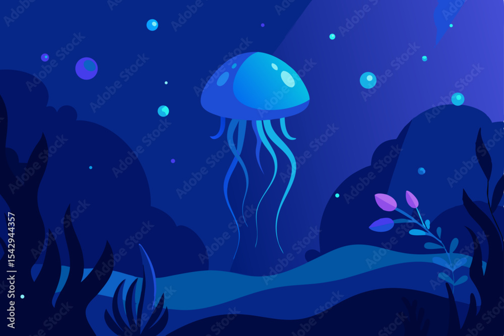 Naklejka premium Enchanted Underwater Scene Bioluminescent Jellyfish in a Deep Sea Fantasy