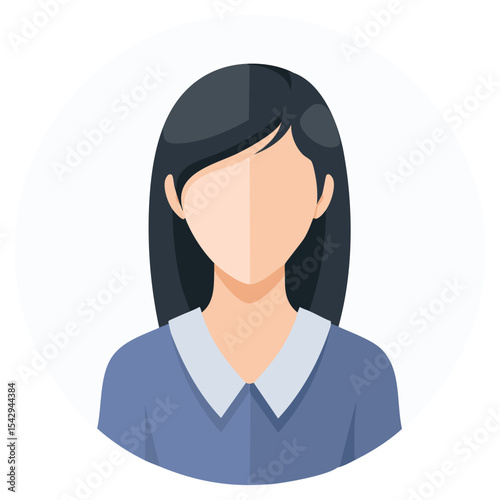 Circular Flat Vector Icon of a Female Silhouette with Black Hair and Light Blue Shirt, No Face
