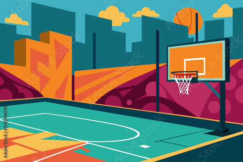 Urban Basketball Court Illustration Vibrant Street Art Design
