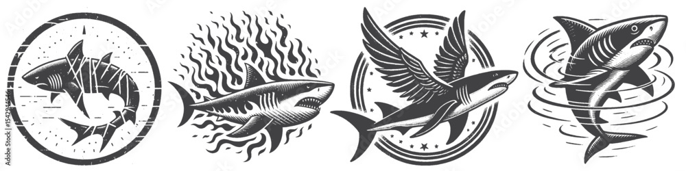 Obraz premium Vintage Hand-Drawn Shark with Wings and Fire Collection Illustration, Fantasy Sea Creature Engraved Style Vector for T-Shirts and Mythical Adventure Themes Design