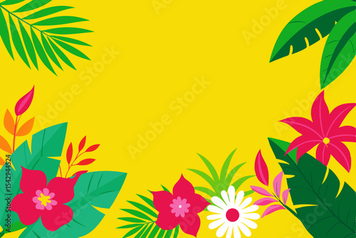 Vibrant Tropical Floral Frame Summer Background Design with Lush Leaves and Flowers