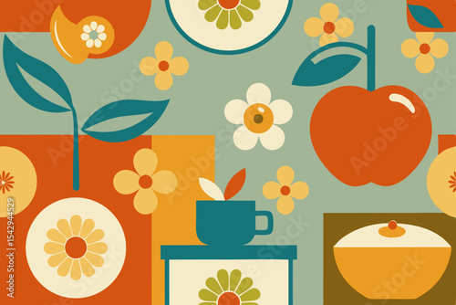 Retro Floral and Fruit Seamless Pattern Mid-Century Modern Design