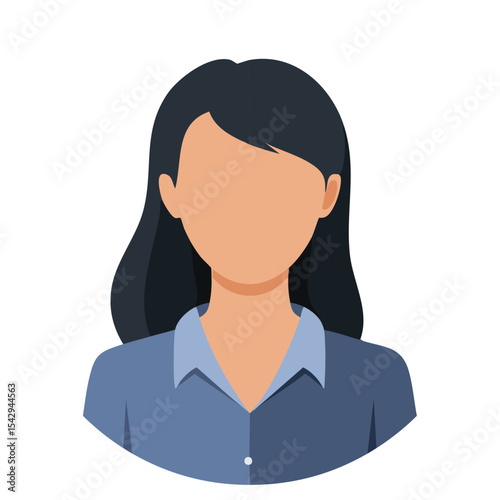 Minimalist Female Silhouette Icon with Shoulder-Length Black Hair and Light Blue Top in Round Shape
