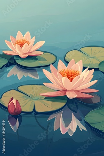 Pink water lilies blooming in the morning light