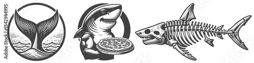 Vintage Hand-Drawn Shark Skeleton and Pizza-Eating Shark Collection Illustration, Ocean Creature Engraved Style Vector for T-Shirts and Humorous Sea Life Themes Design