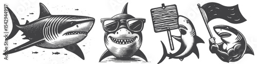 Vintage Hand-Drawn Shark Wearing Sunglasses Collection Illustration, Ocean Animal Engraved Style Vector for T-Shirts and Summer Beach Themes Design