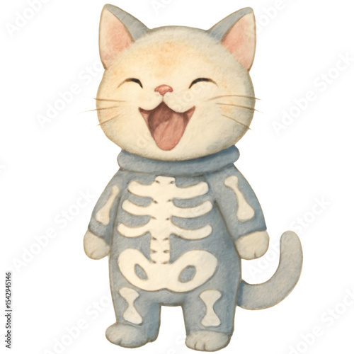 Happy Halloween Cat: An adorable cartoon cat in a skeleton costume beams with delight, ready for Halloween festivities. The illustration is perfect for greeting cards, invitations.