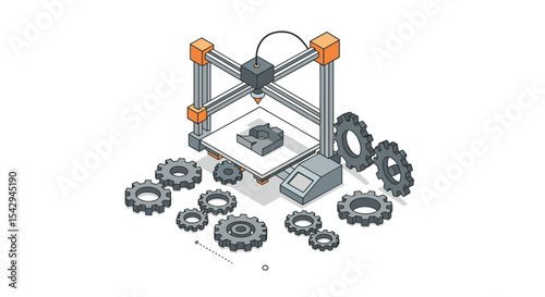 Isometric 3d printer with gears for innovative industrial design concepts vector illustration