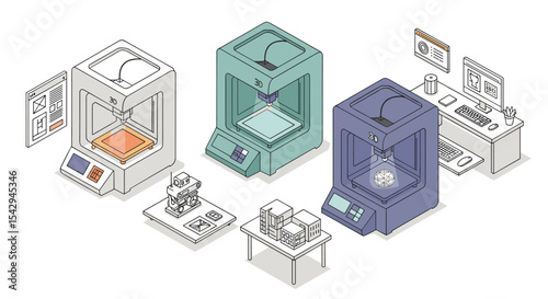 Modern 3d printer technology in innovative engineering design for office and industrial use vector illustration