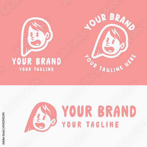 Cute retro cartoon girl logo in pink and white. Perfect for kid-friendly branding, girly products, or playful merchandise. Provided in editable EPS vector format for versatile design use