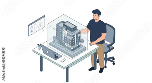 Architectural design and technology concept with architect and building model on desk vector illustration
