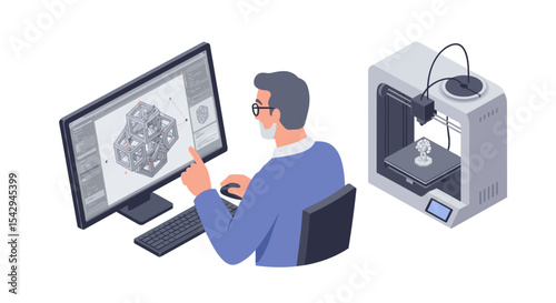 Man designing geometric structure on computer for 3d printing project vector illustration