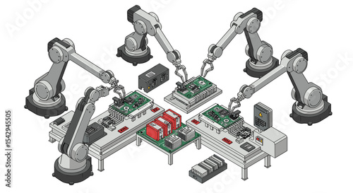 Automated assembly line with robotic arms for electronics manufacturing process efficiency vector illustration