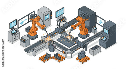 Industrial automation and robotics in modern manufacturing facility vector illustration