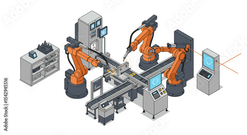 Automated robotic assembly line with industrial robots and conveyor system for manufacturing vector illustration