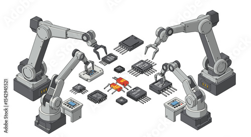 Robotic arms assembling circuit boards in technology manufacturing process vector illustration