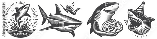 Vintage Hand-Drawn Party Shark Collection Illustration, Ocean Animal Engraved Style Vector for T-Shirts and Fun Food Themes Design