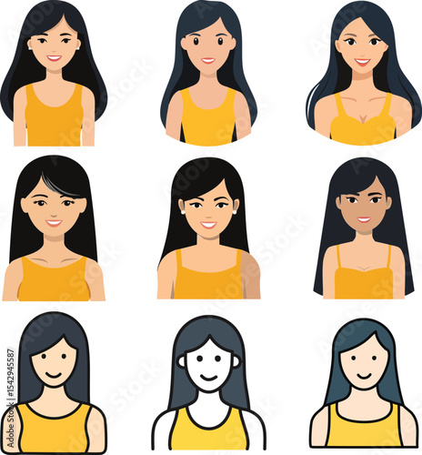Icon in flat style of a woman with long straight black hair, yellow top.