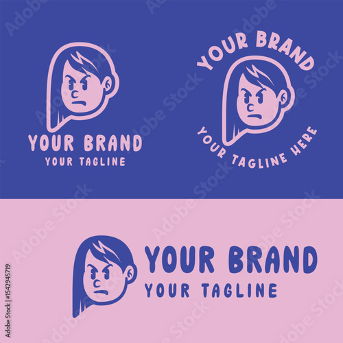 Cute retro cartoon girl logo in pink and blue. Perfect for kid-friendly branding, girly products, or playful merchandise. Provided in editable EPS vector format for versatile design use