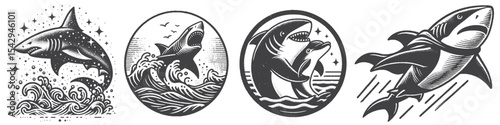 Vintage Hand-Drawn Shark Superhero Collection Illustration, Comic Sea Creature Engraved Style Vector for T-Shirts and Fantasy Adventure Themes Design