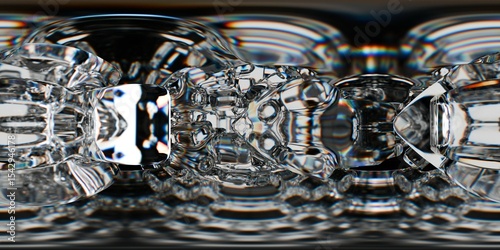 Fototapeta Naklejka Na Ścianę i Meble -  Dark HDRI, futuristic 3D environment of complex transparent crystal forms with intense reflections and rainbow light distortions. A dramatic, immersive sci-fi tunnel with a sleek digital atmosphere.