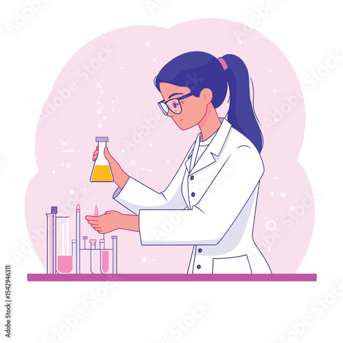Young beautiful woman chemist with flasks with liquid in hand