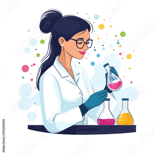 Young beautiful woman chemist with flasks with liquid in hand