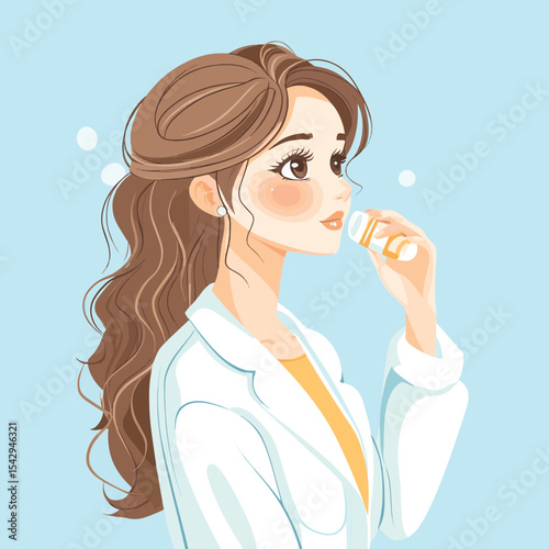 Young beautiful woman chemist with flasks with liquid in hand