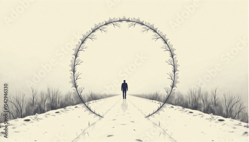A minimalist path leading back to the meeting place, a full circle line of art, introspection