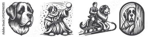 Vintage Hand-Drawn Saint Bernard Dog Collection Illustration, Winter Animal Engraved Style Vector for T-Shirts and Snowy Adventure Themes Design