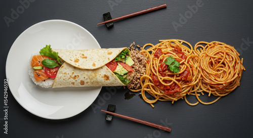 Creative fusion dish with sushi, burrito, and spaghetti. a celebration of cultural food fusion.
