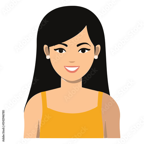Modern Flat Style Icon of a Woman with Long Black Hair and Yellow Top
