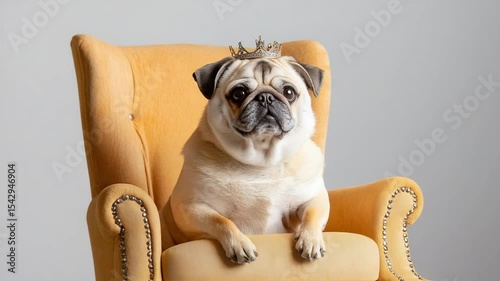 International dog day. A pug wearing a crown sits regally on a yellow armchair against a plain background.