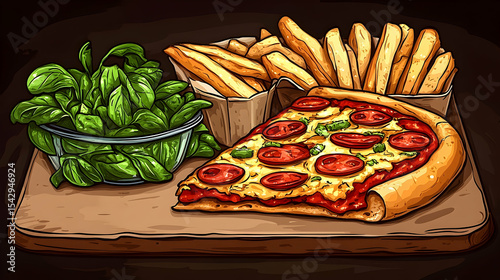 Delicious pizza slice with fries and salad overhead view