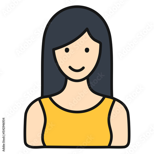 Vector Flat Icon of a Woman with Long Straight Black Hair and Yellow Top
