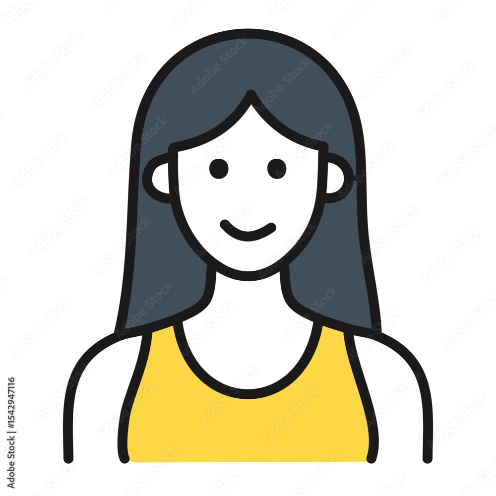 Obraz premium Minimalist Flat Icon of a Woman with Long Black Hair and Yellow Shirt 