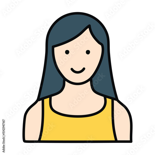 Flat Style Icon of a Woman with Long Straight Black Hair and Yellow Top

