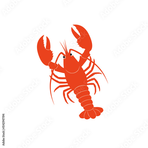Bright red lobster with detailed claws, spots, and long antennae, isolated on a white background, perfect for seafood, marine, and culinary concepts. Flat cartoon vector illustration