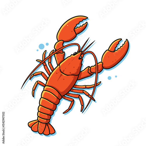Bright red lobster with detailed claws, spots, and long antennae, isolated on a white background, perfect for seafood, marine, and culinary concepts. Flat cartoon vector illustration