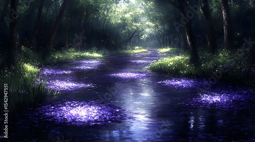Enchanted forest stream with purple flowers magical nature scene